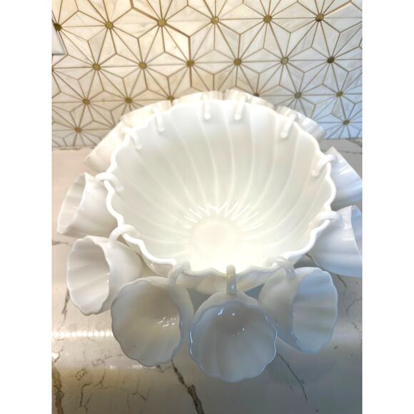 Vintage Milk Glass Punch Bowl Set‎ – 12 Cups + Original Box, Milky Way Pattern - Picture 1 of 12